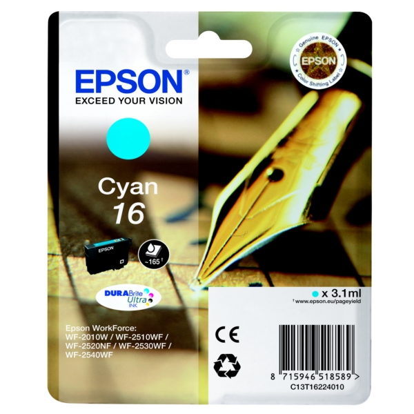 Epson Tinte LC-C13T16224012 | LCC13T16224012 | C13T16224012 | 16 | T16224012 | T1622 cyan